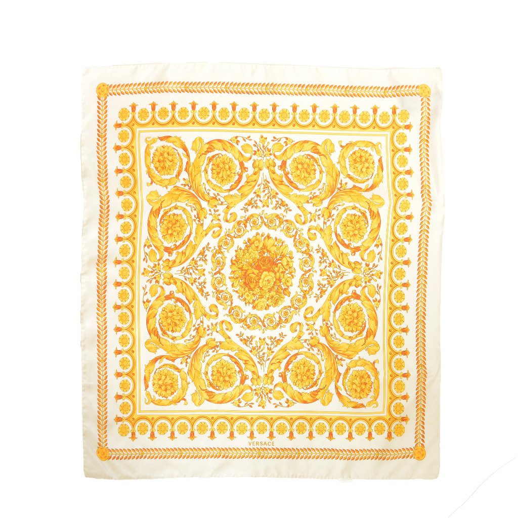 Versace White  Gold New Baroque Print 100 Silk Shawl Scarf